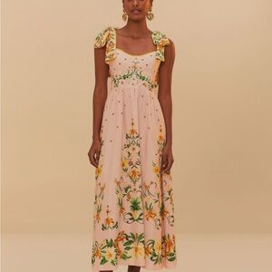 FARM Rio pink botanical beauty shoulder bow midi dress